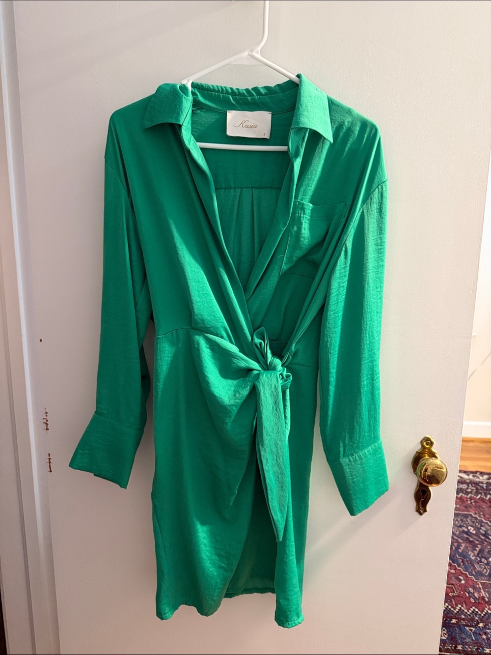 Kasia Emerald Tie-Front Long Sleeve Shirt Dress - Picture 2 of 6